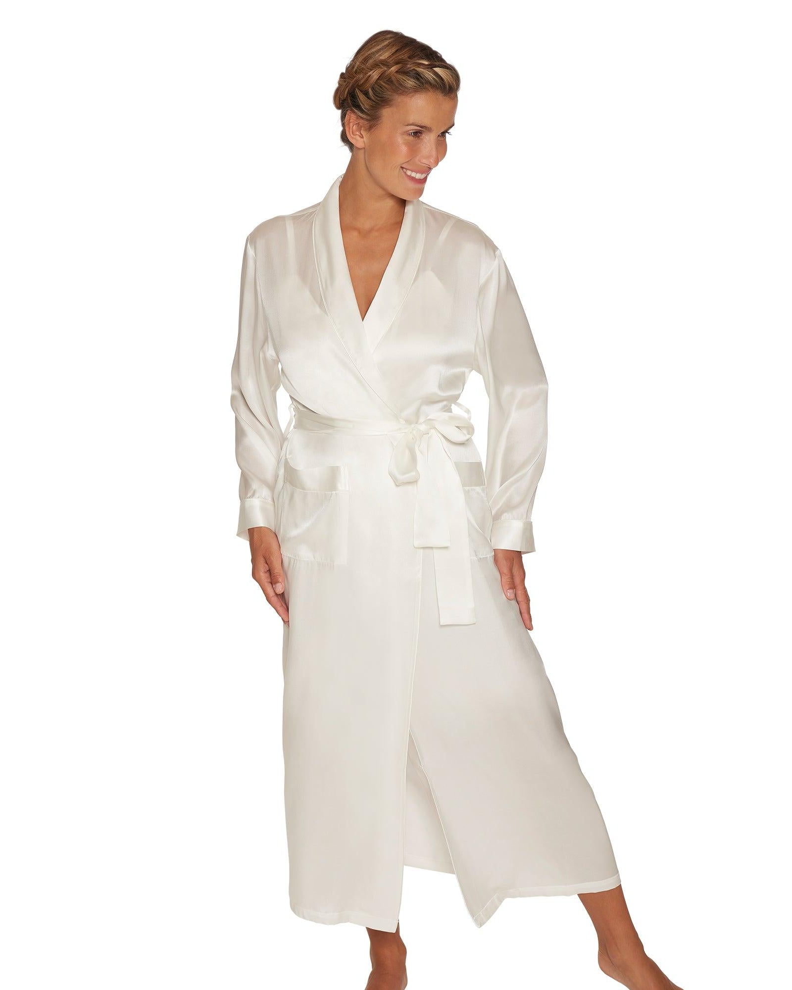 Lady Avenue Pure Silk Long Robe Off-white - Härliga Under