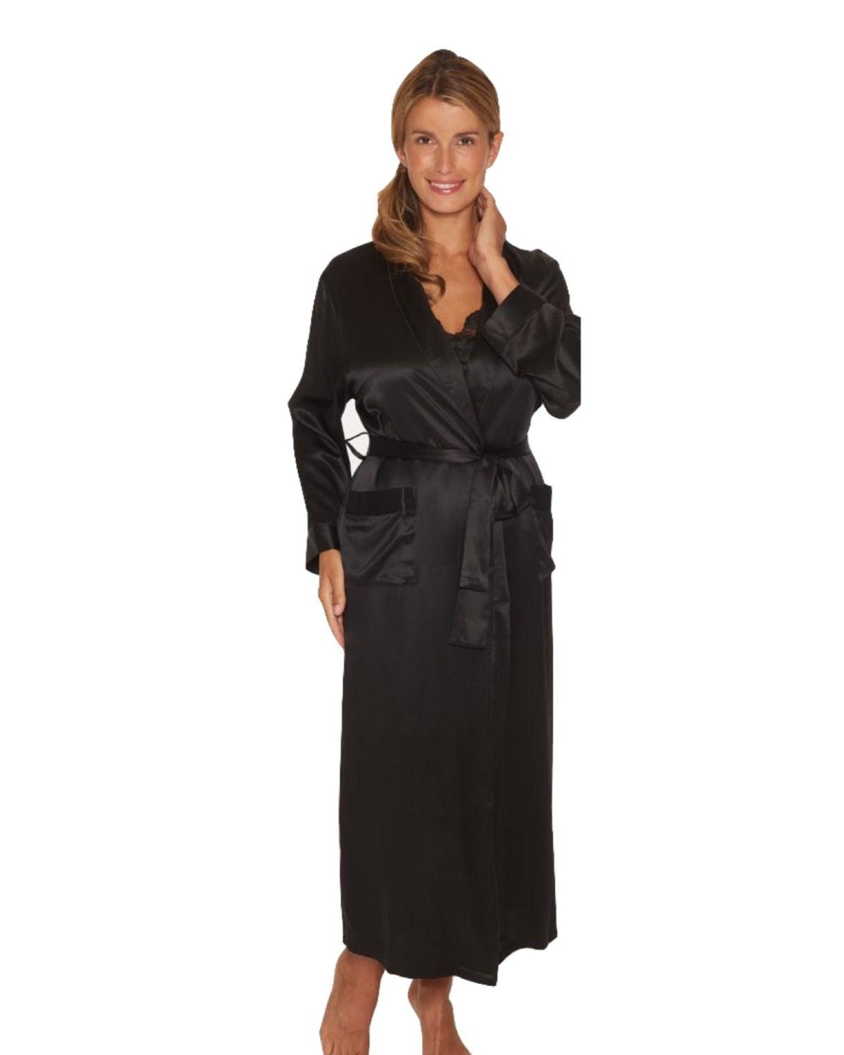 Lady Avenue Pure Silk Long Robe Black - Härliga Under